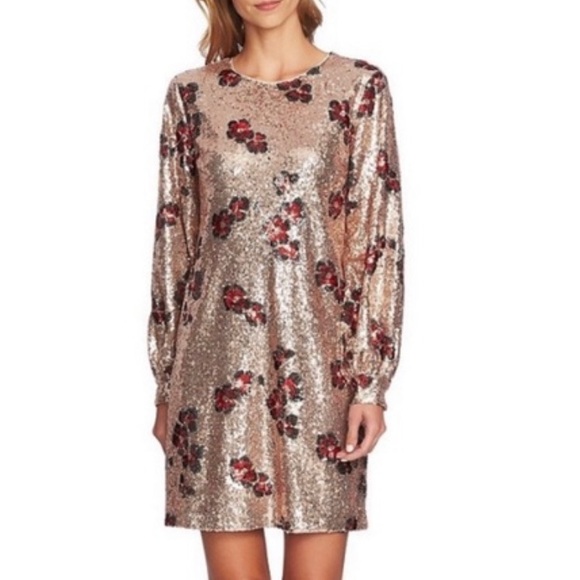 CeCe Floral Print Gold Sequin Long Sleeve Dress - Picture 4 of 9